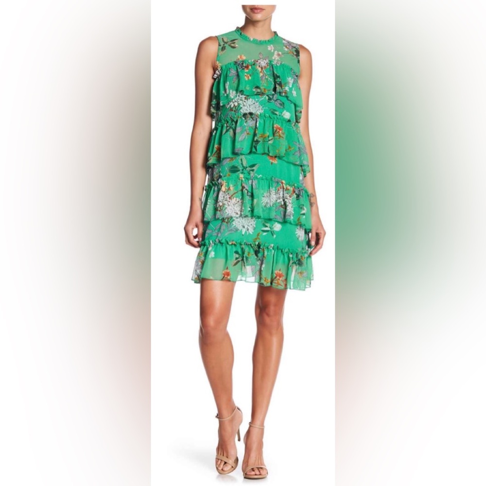 Vertigo green sleeveless tiered printed chiffon dress
